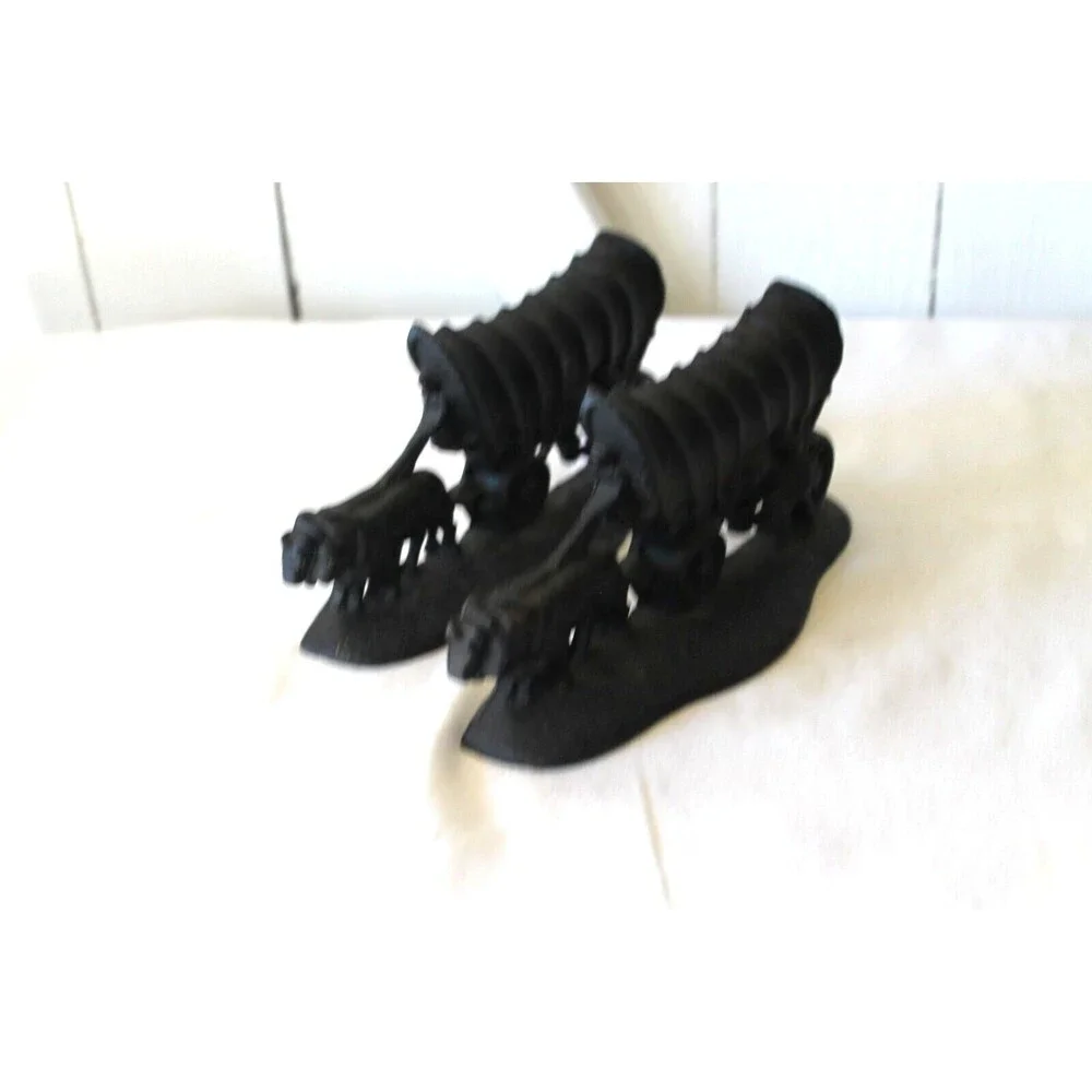 Vtg Cast Iron Pair Bookends Black 1981 Champion Hardware Co Ox Covered Wagon Cow